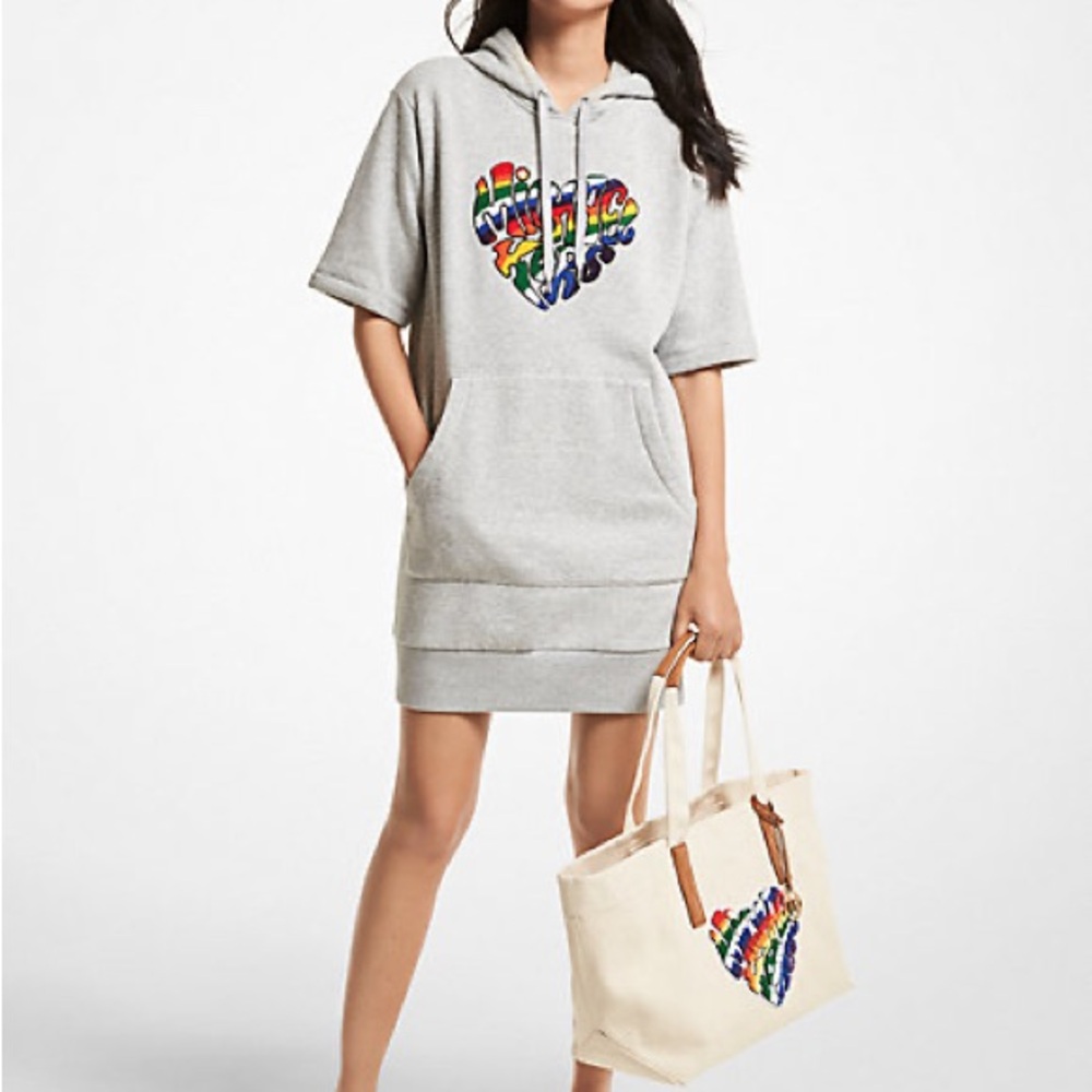 Michael Kors Gray Rainbow Hooded Sweatshirt Dress